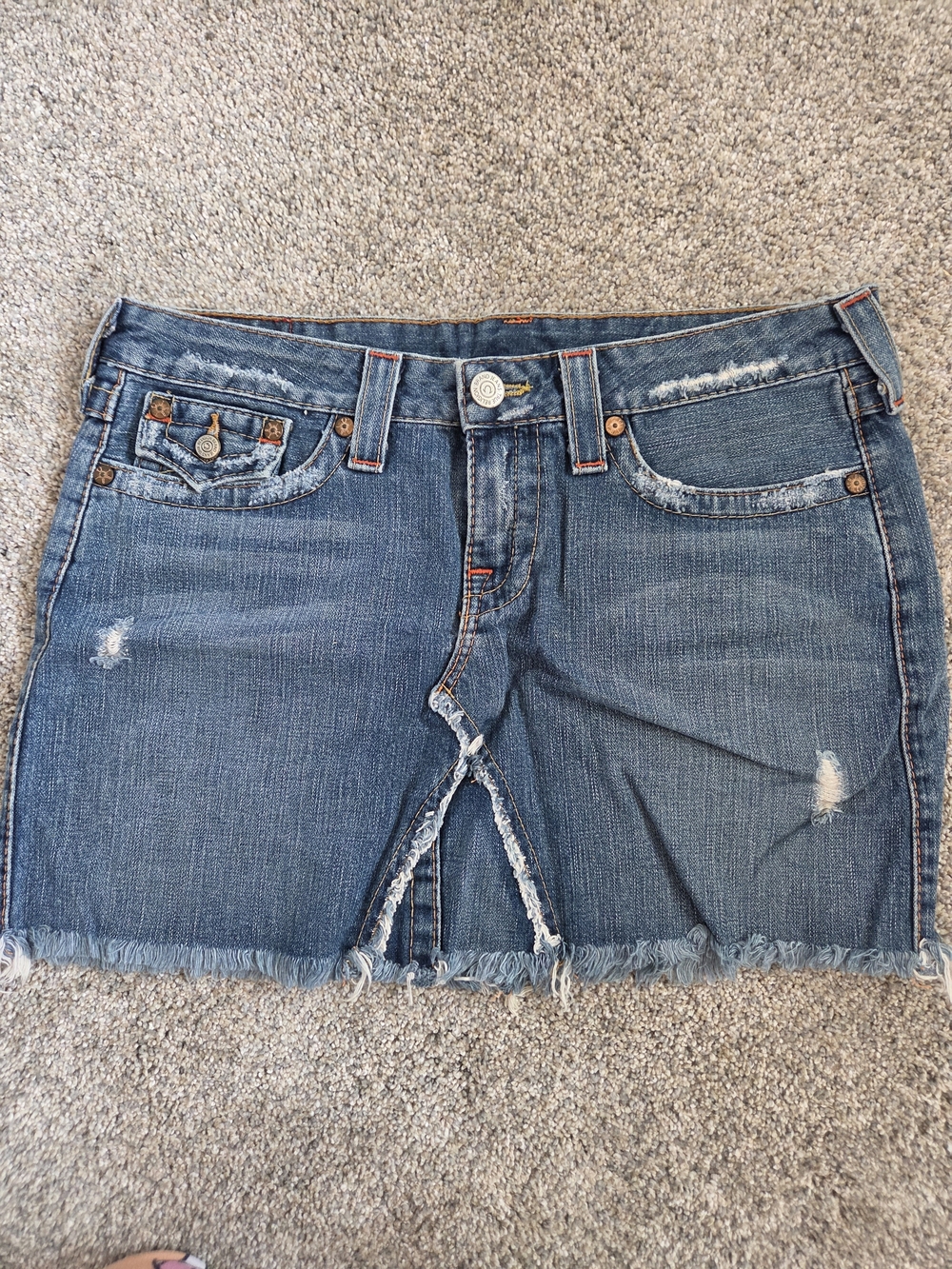 Vintage True Religion Denim Mini Skirt with Frayed Hem - Blue